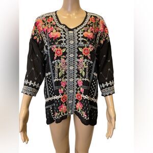 Johnny Was Carnation Embroidered Black Floral Women's Top size S
